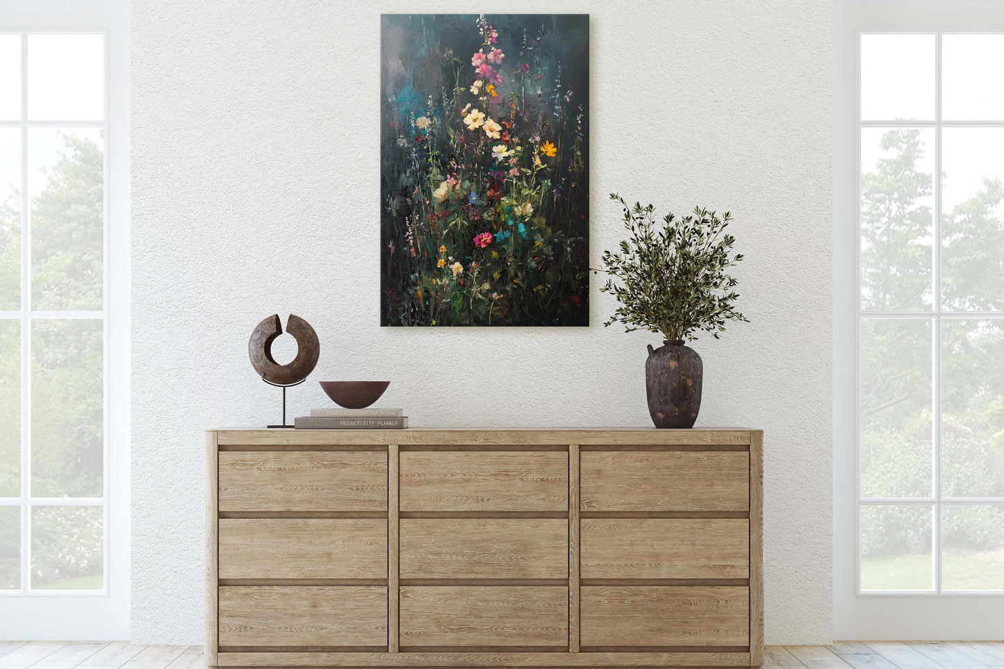 Dark Wildflowers, Black Canvas, Floral Print, Flower Decor