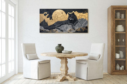 Lone Wolf Contemporary, Black and Gold Wolf, Wolf Moon
