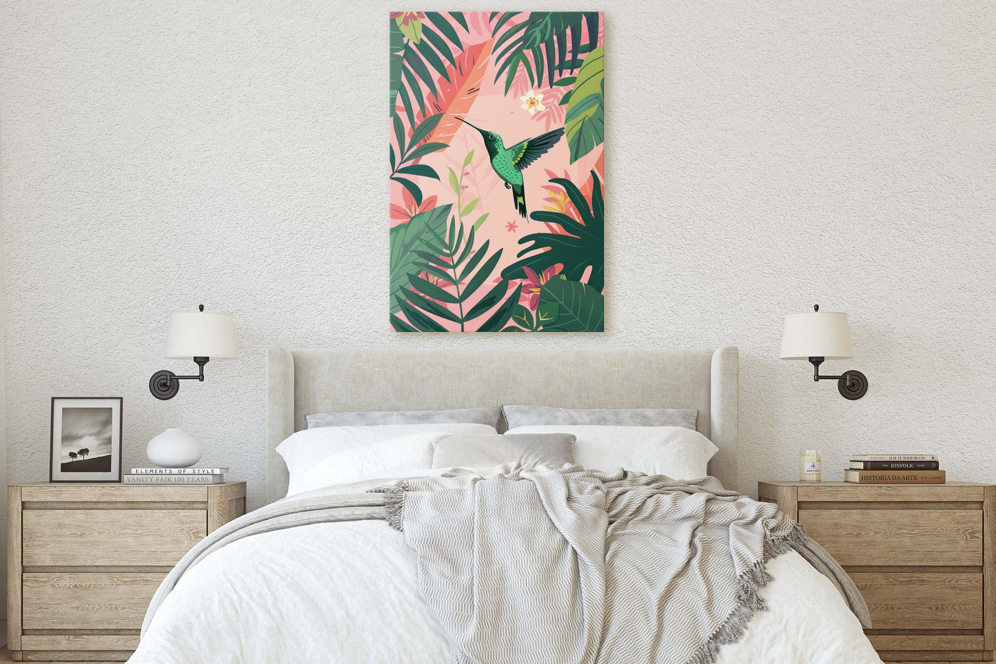 Hummingbird Illustration, Framed Canvas, Tropical Art, Maximalist Jungle, Botanical Print, Bold Eclectic