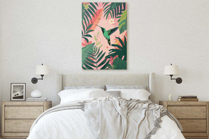 Hummingbird Illustration, Framed Canvas, Tropical Art, Maximalist Jungle, Botanical Print, Bold Eclectic