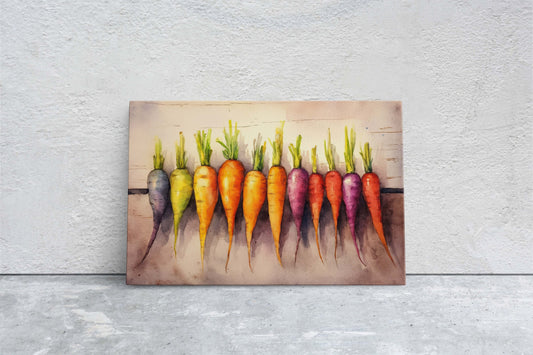 Carrots on Canvas, Colorful Food, Watercolor Dining, Root Vegetables, Heirloom Root Fruit, Rainbow Carrots, Framed Canvas, Kitchen Decor