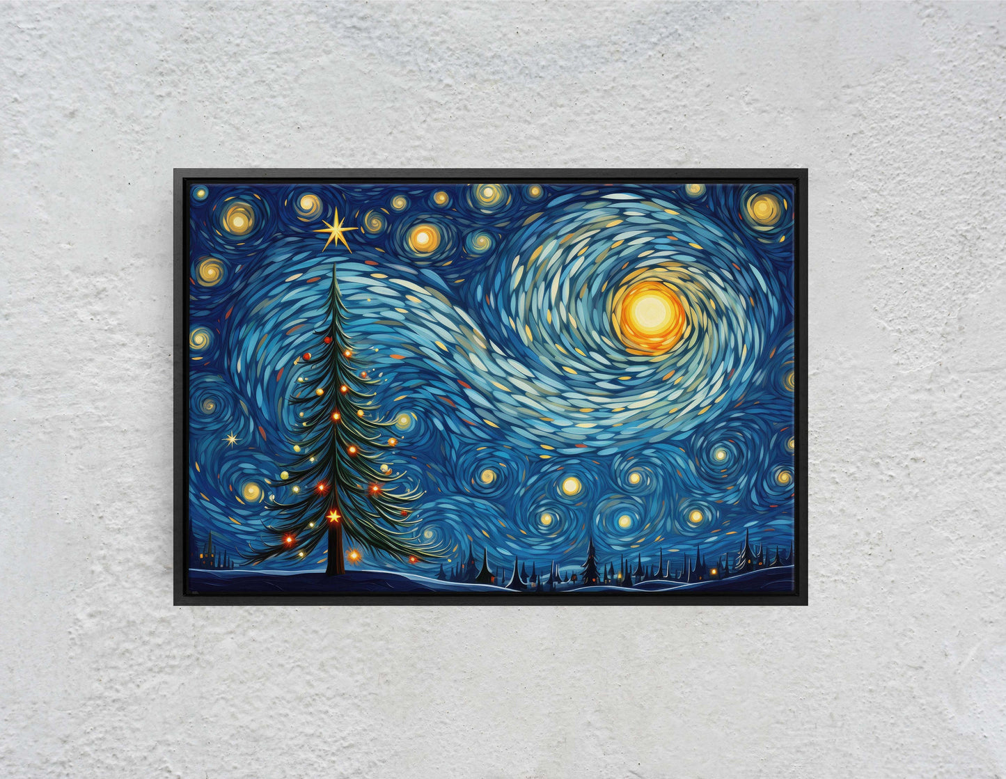 Starry Night Christmas, Christmas Tree, Pine Tree, Winter Decor, Festive Art, X-mas Print, Framed Canvas