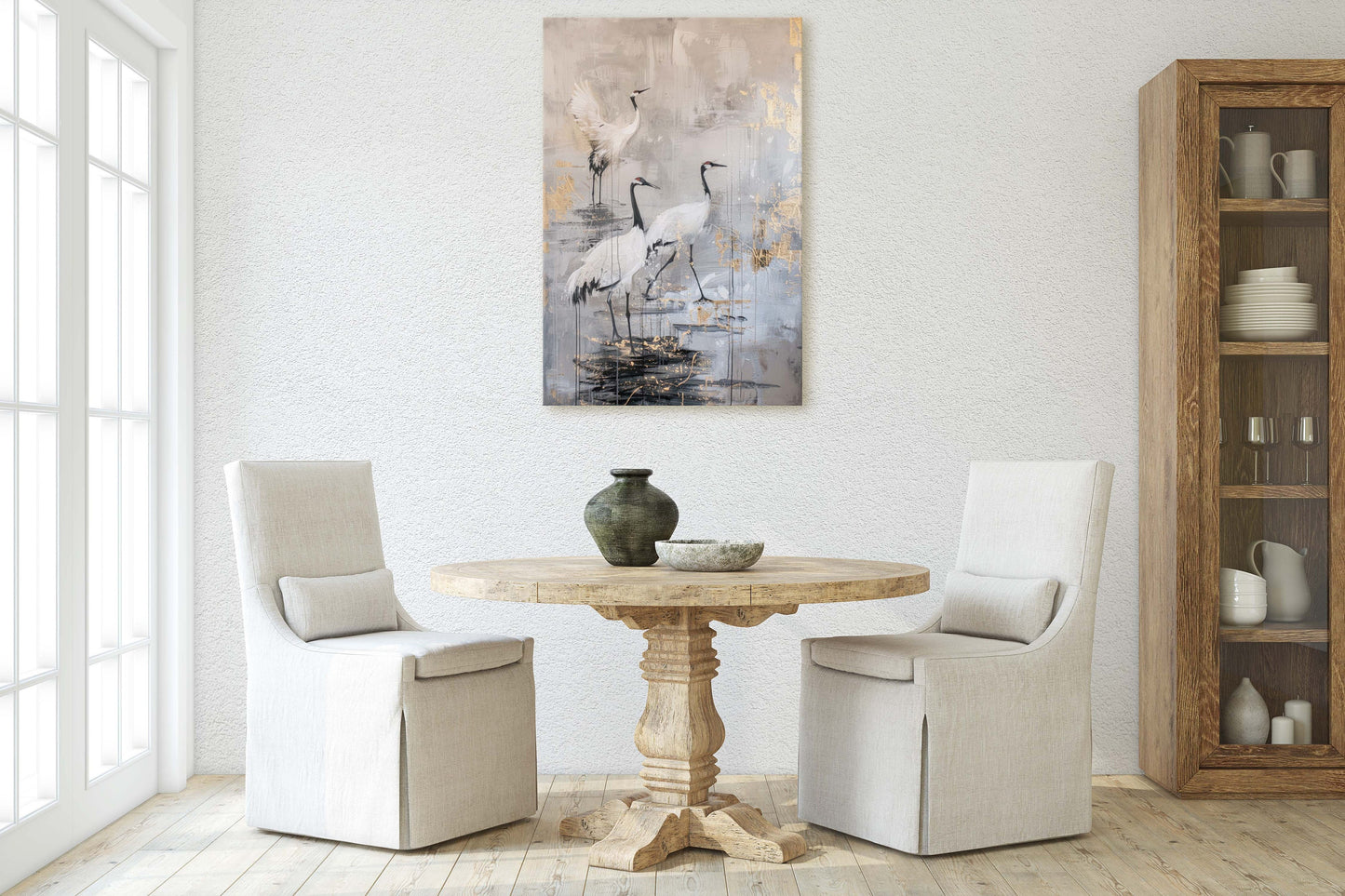 Japanese Cranes, Gold & Beige, Minimalist Art, Heron Decor, Framed Canvas, Japandi Print, Extra Large, Neutral Tones