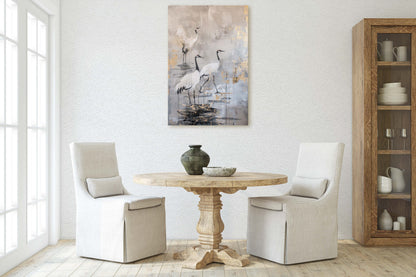 Japanese Cranes, Gold & Beige, Minimalist Art, Heron Decor, Framed Canvas, Japandi Print, Extra Large, Neutral Tones