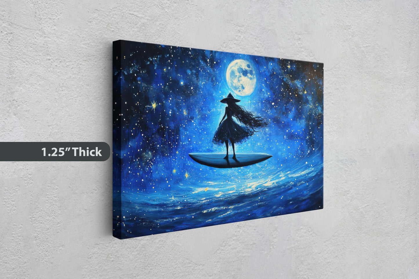 Surfing Witch, Flywing Witch, Halloween Art,  Full Moon, Blue Ocean, Whimsical Art, Fun Halloween, Whimsy