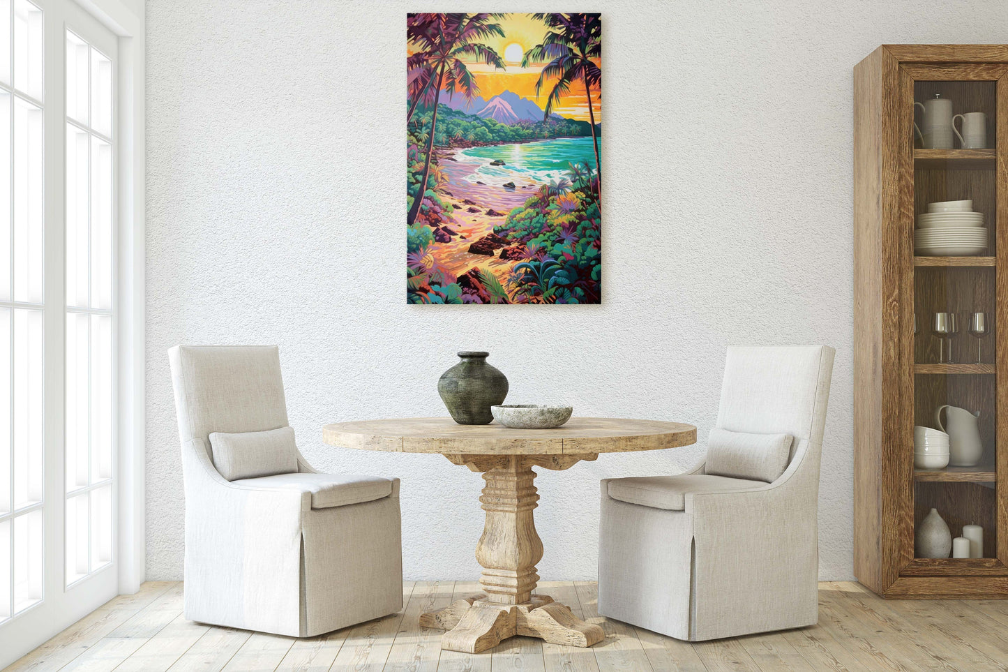 Vibrant Coast on Canvas, Ancient Beach, Framed Canvas, Prehistoric Landscape, Coastline Illustration, Bold Color, Vertical Botanical
