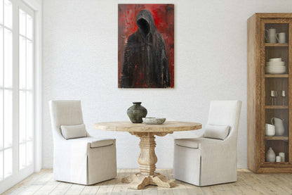 Figure of Death, Dark Robed Figure, Creepy Painting, Gothic Art, Dark Academia, Victorian Art, Red Decor