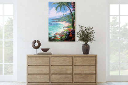 Flower Beach on Canvas, Coastal Painting, Palm Tree, Tropical Island, Framed Canvas, Palm Coast, Green Water, Blue Water