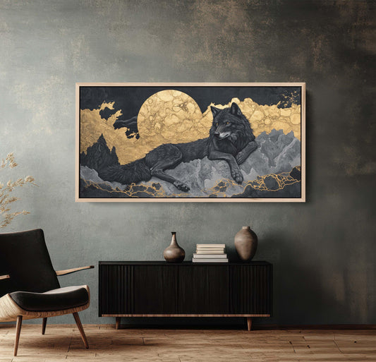 Lone Wolf Contemporary, Black and Gold Wolf, Wolf Moon