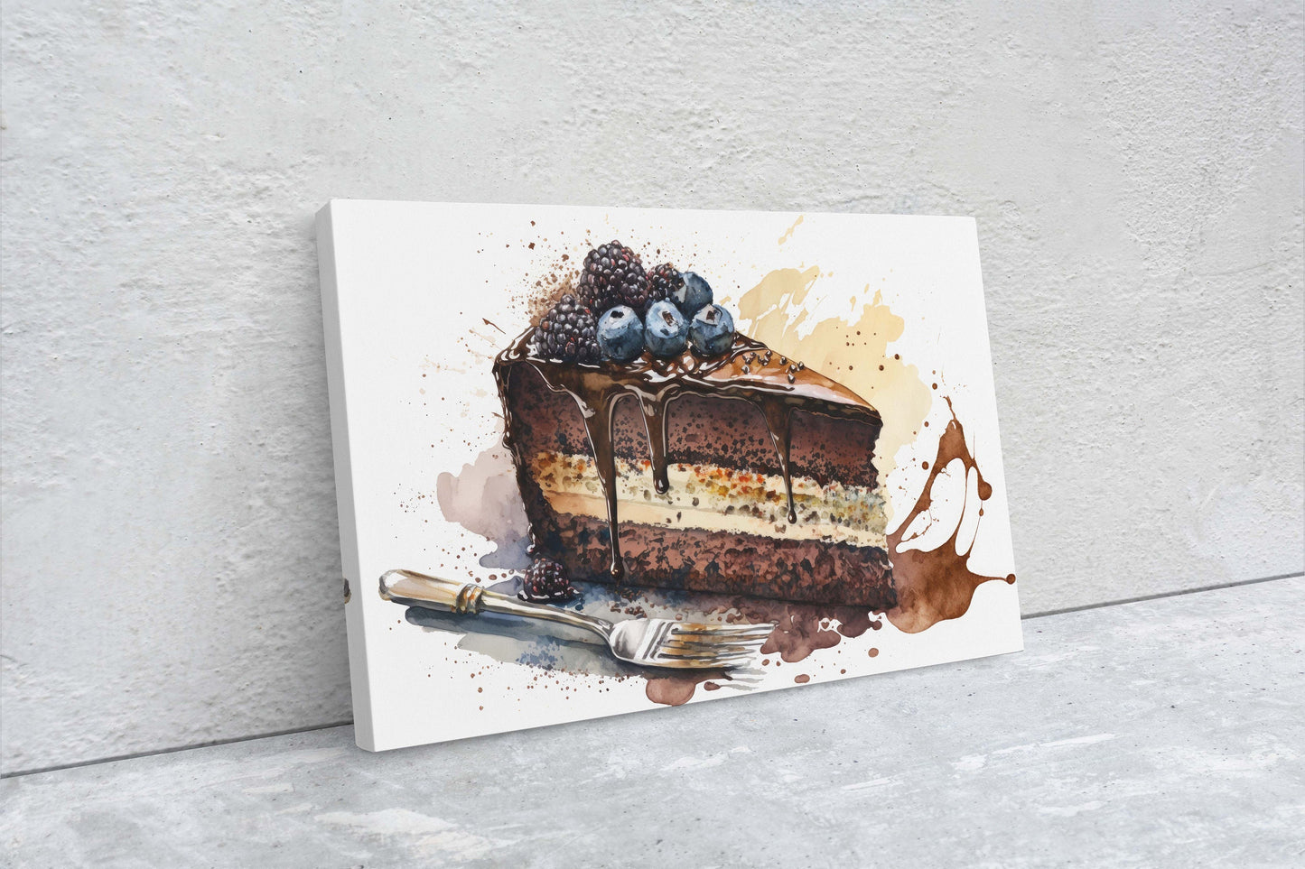 Watercolor Chocolate Cake, Dessert Art, Kitchen Wall Art, Dining Room Art Ready To Hang, Large Print, Restaurant Print, Bakery Decor