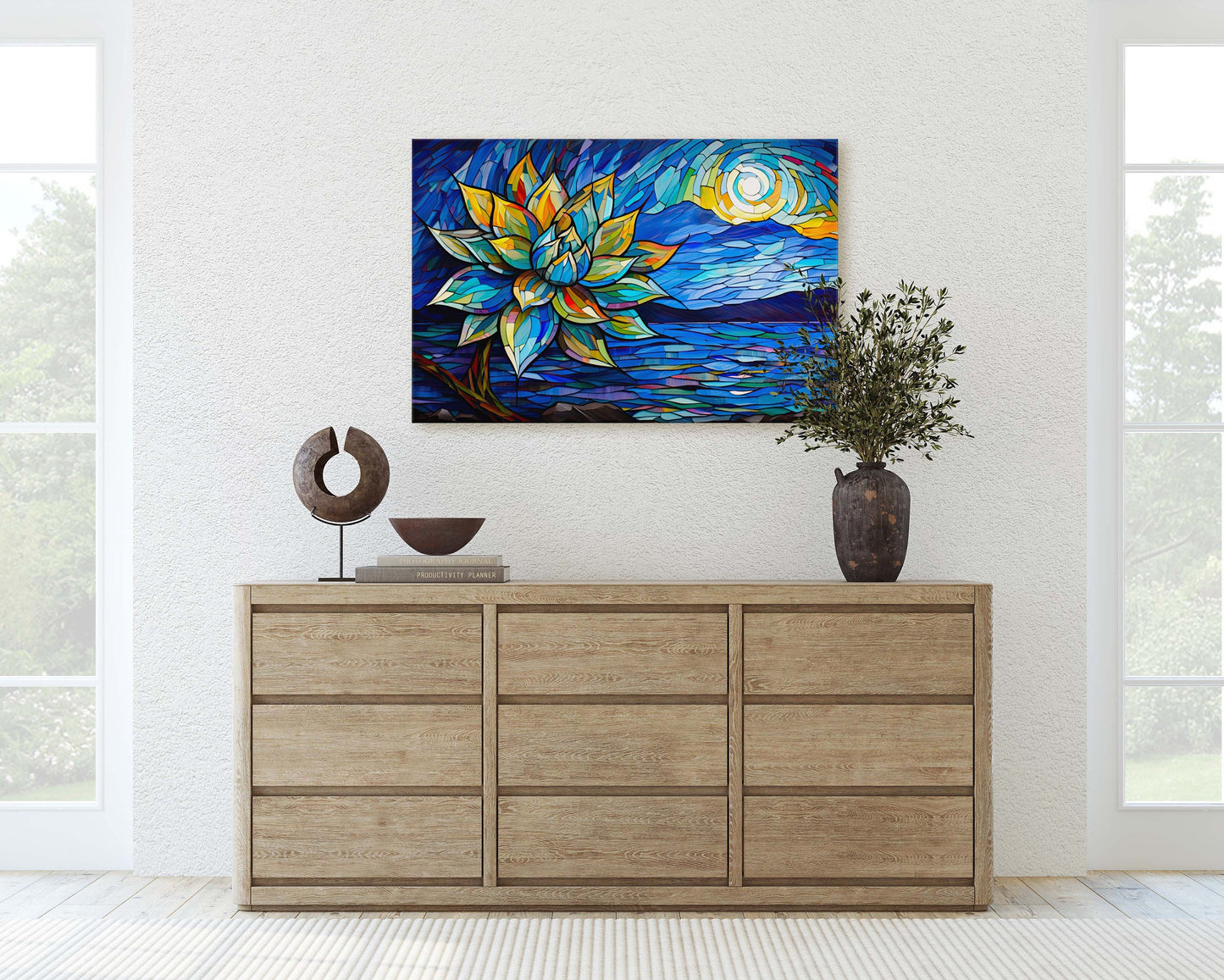 Agave Painting, Stained Glass, Mosaic Decor, Framed Canvas, Landscape Painting, Large Print