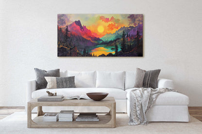 Colorful Mountain Sunrise on Canvas, Smoky Forest, Foggy Mountains, Vibrant Color, Abstract Art