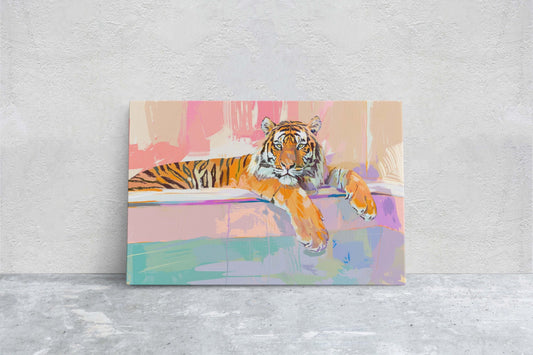Tiger Bathtub, Maximalist Art, Dopamine Decor, Pink Kitsch, Bathroom Art, Framed Canvas, Large Art print, Dorm Decor, Pastel Color