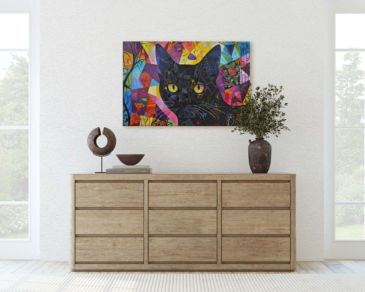Geometric Cat Art, Whimsical Colorful, Abstract Cat, Pop Art, Large Art Print, Framed Canvas, Black Cat, Cat Lover, Animal Art