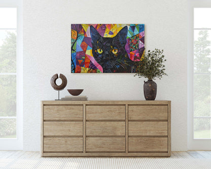 Geometric Cat Art, Whimsical Colorful, Abstract Cat, Pop Art, Large Art Print, Framed Canvas, Black Cat, Cat Lover, Animal Art