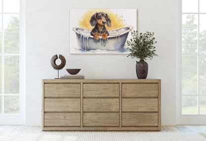 Dachshund Bath, Dog in Bathtub, Bathroom Decor, Kids Bath, Powder room, Fun Art, Wiener Dog, Bath time Art, Cute Dog Art, Silly Puppy
