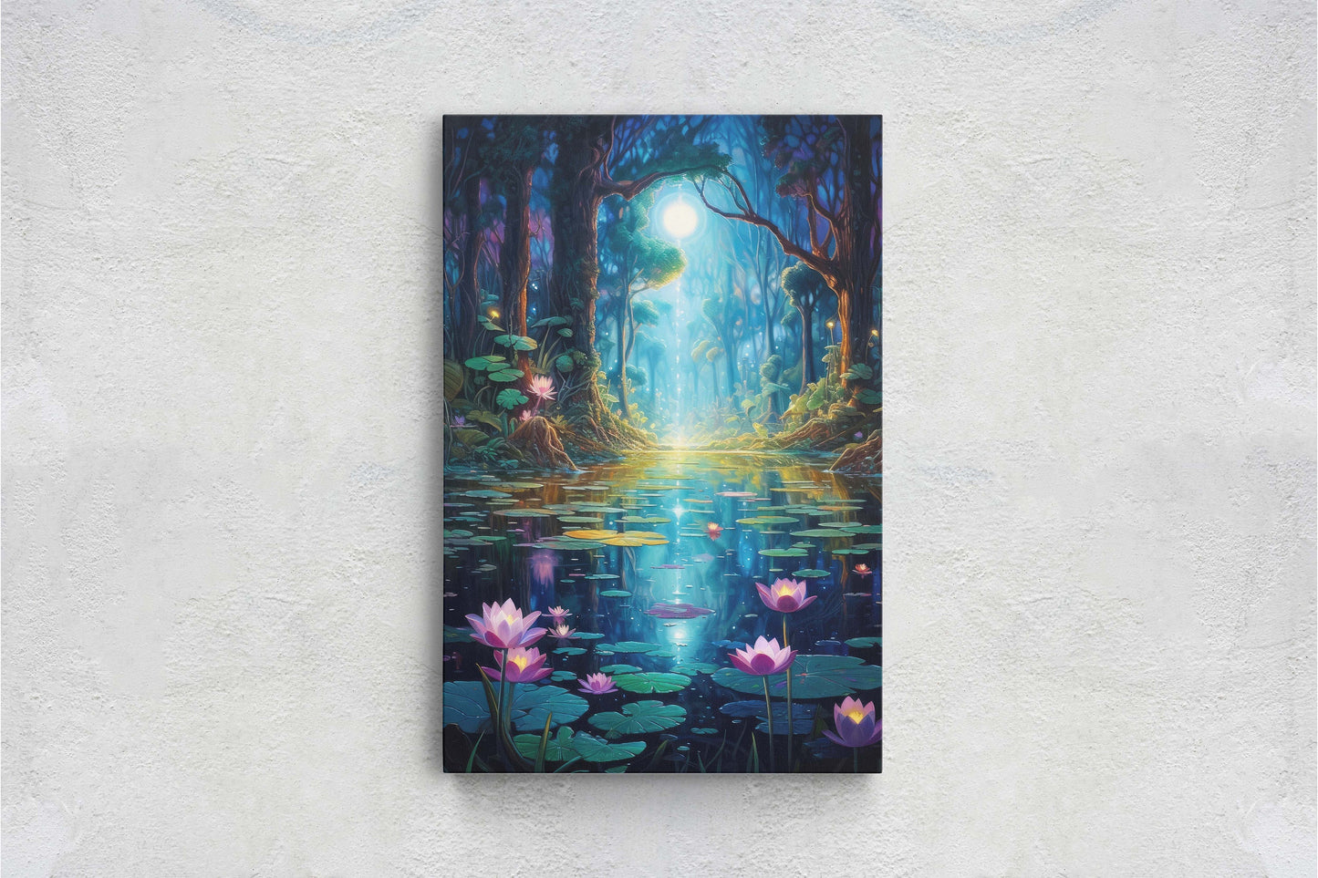 Enchanted Pond, Lamps Night Art, Lantern Forest, Vertical Canvas, Fantasy Decor, Office Art, River Art, Lily Pond, Floating Flower