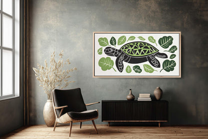 Turtle Folk Art, Scandinavian Art, Linocut Print, Framed Canvas, Large Canvas Print