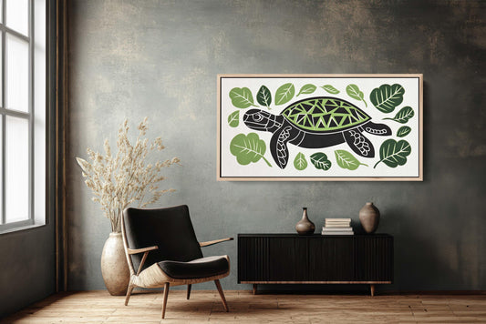 Turtle Folk Art, Scandinavian Art, Linocut Print, Framed Canvas, Large Canvas Print