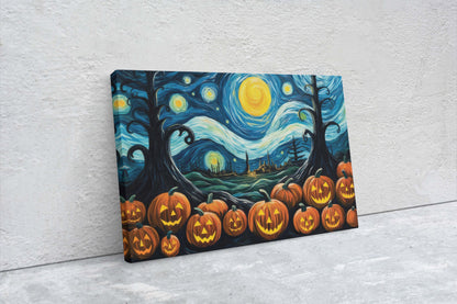 Pumpkin Patch On Canvas, Starry Night Pumpkins, Jack-O-Lantern, Van Gogh, Spooky Art, Fun Halloween, Kid Friendly, Framed Canvas