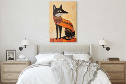 Scandinavian Fox, Folk Art, Celestial Art,  Framed Canvas, Nature Print, Whimsical, Egyptian, Abstract