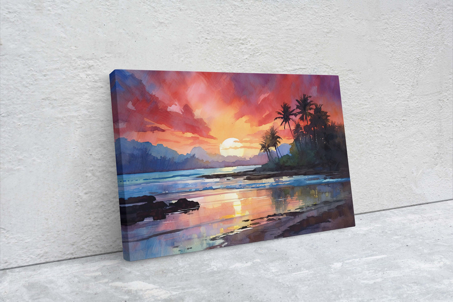 Dusk Beach on Canvas, Sunset Ocean, Sunrise Oceanside, Watercolor, Framed Canvas, Palm Trees, Subdued Art, Tropical Paradise