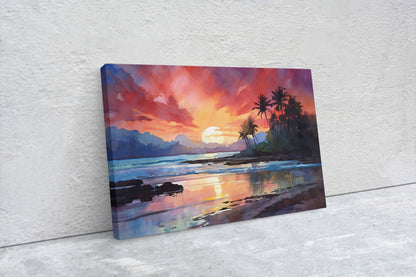 Dusk Beach on Canvas, Sunset Ocean, Sunrise Oceanside, Watercolor, Framed Canvas, Palm Trees, Subdued Art, Tropical Paradise