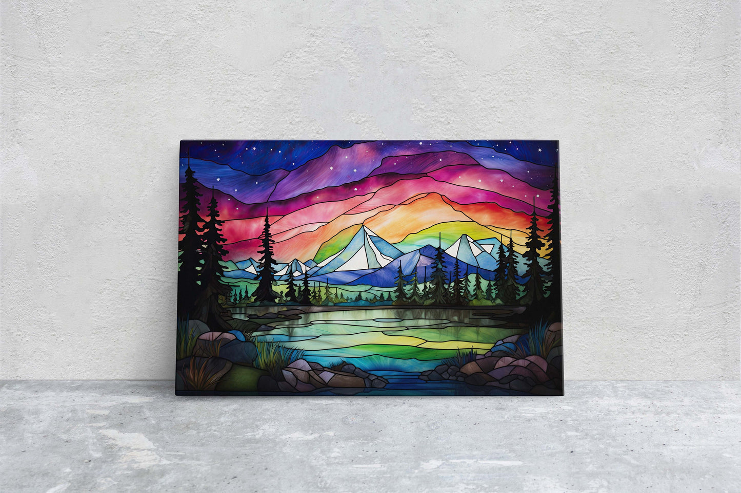 Aurora Borealis, Painting Night, Moon Mountains, Mountain Landscape, Framed Canvas, Cold Mountains, Snow Peaks