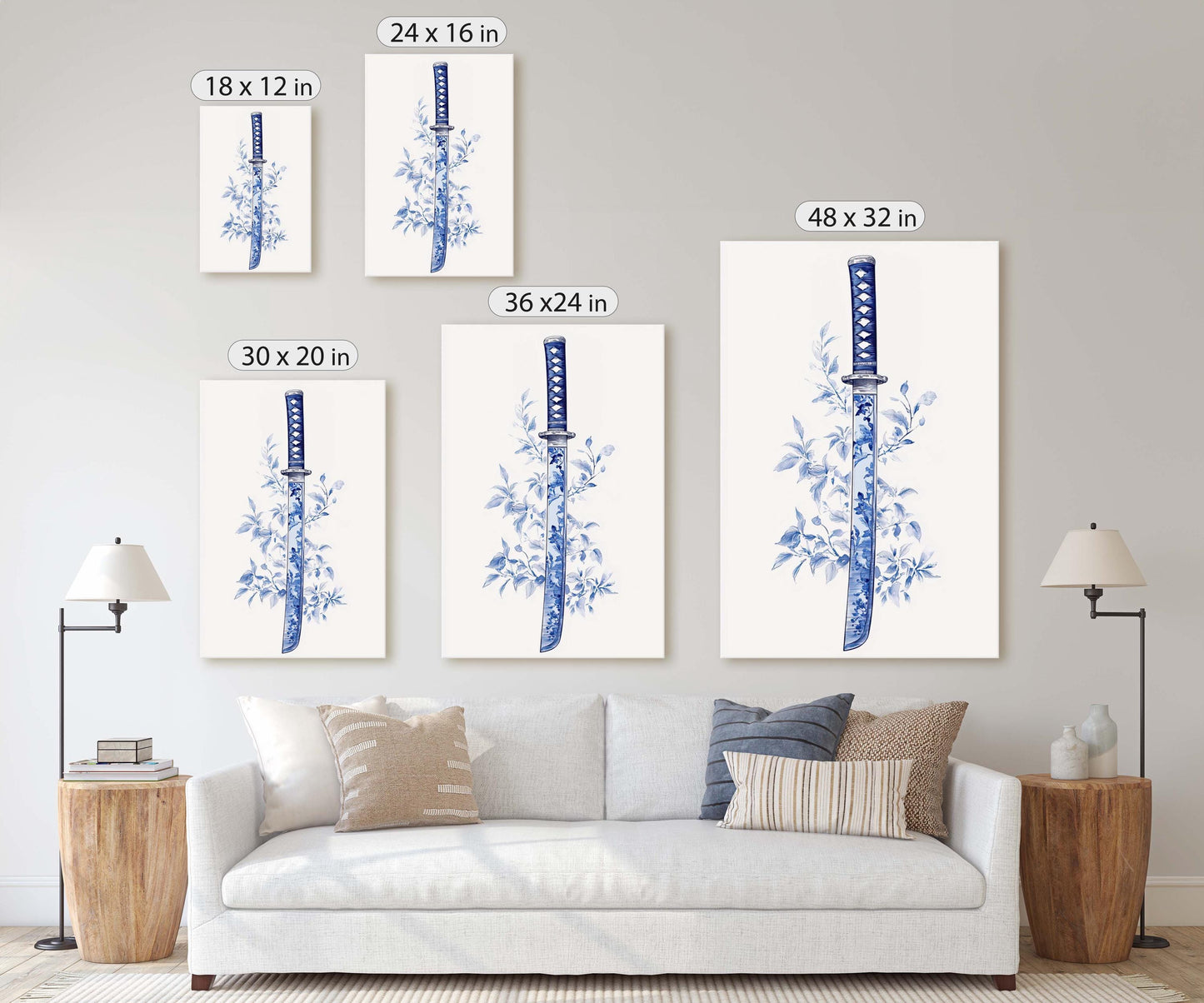 Blue Willow Katana, Samurai Sword, Vintage Art, chinoiserie Design