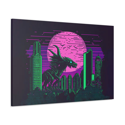 Alien Monster Destroying City Canvas Art Ready To Hang | Vapor wave | Outrun | Pixel | Man Cave