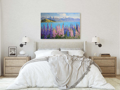 Lake Tekapo Painting, New Zealand Art, Landscape Painting, Wildflower Lake