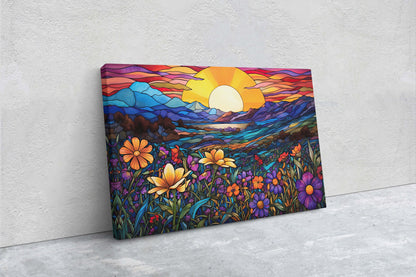 Stained Glass Painting, Blue Mountains, Faux Stained Glass, Sunset Flowers, Sunrise Field, Mountain Landscape, Framed Canvas, Vivid Colorful