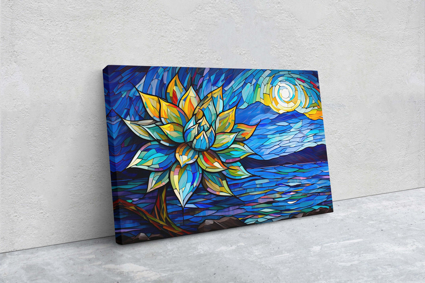Agave Painting, Stained Glass, Mosaic Decor, Framed Canvas, Landscape Painting, Large Print