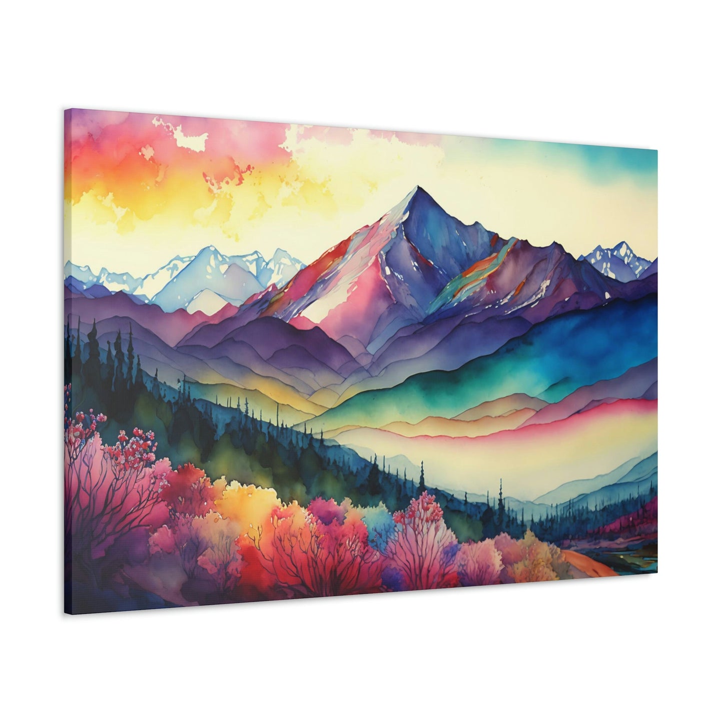Watercolor Mountain Range Sunrise Canvas Art