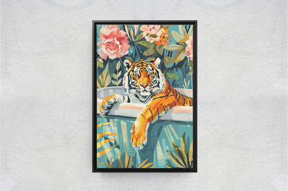 Tiger Bathtub, Maximalist Art, Dopamine Decor, Pink Kitsch, Bathroom Art, Framed Canvas, Large Art print, Dorm Decor