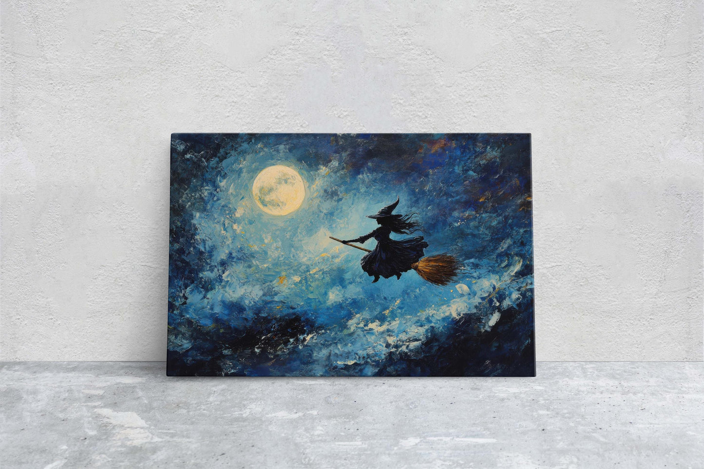 Flying Witch, Witch on Broomstick, Whimsical Decor, Full Moon,Halloween Art, Star Sky, Cloudy