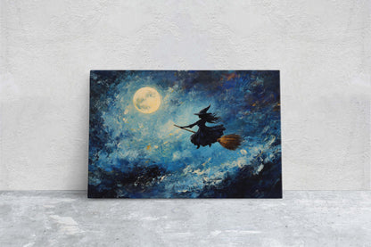 Flying Witch, Witch on Broomstick, Whimsical Decor, Full Moon,Halloween Art, Star Sky, Cloudy