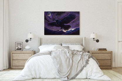 Raven Purple, Night Sky, Abstract Surreal, Ready to Hang, Large Print, Celestial Crow, Bird Painting, Bird Portrait, Moody, Inspiring, Dark