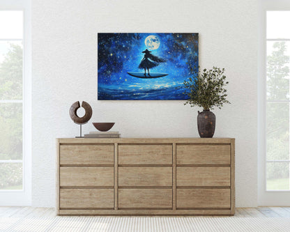 Surfing Witch, Flywing Witch, Halloween Art,  Full Moon, Blue Ocean, Whimsical Art, Fun Halloween, Whimsy