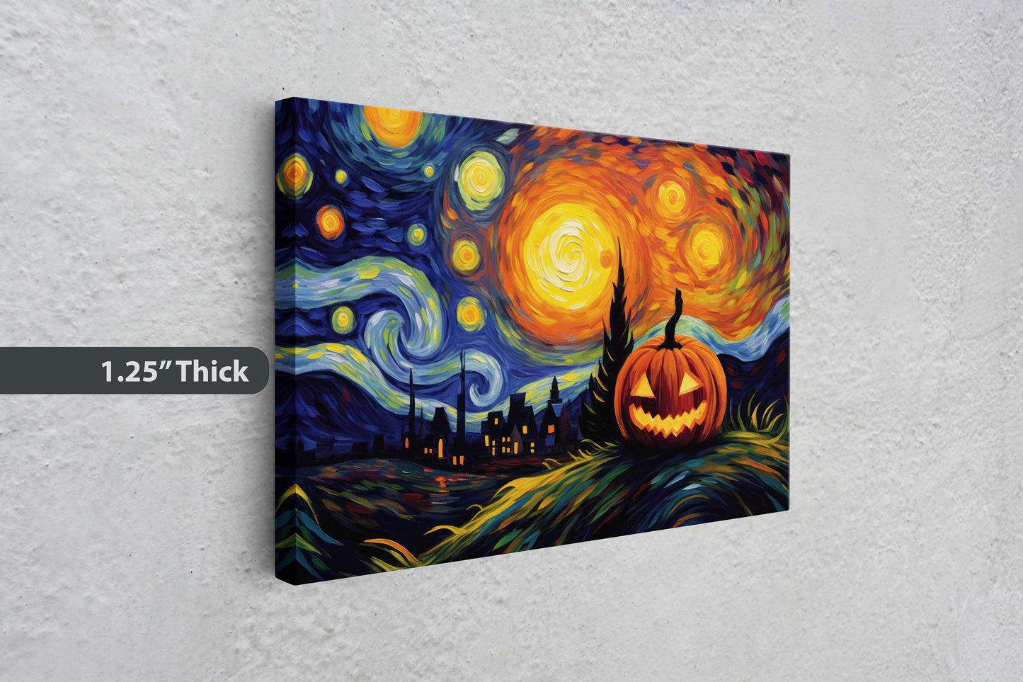 Starry Night Pumpkin on Canvas, Jack-O-Lantern, Spooky Art, Framed Canvas, Kid Friendly, Fun Halloween Decor