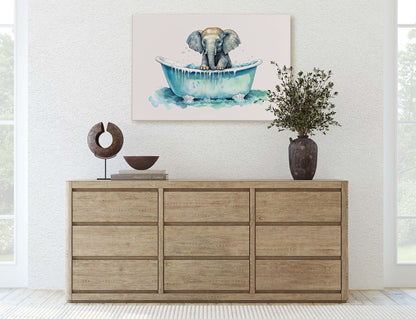 Elephant Bath, Elephant in Bathtub, Bathroom Decor, Kids Bath, Powder room, Fun Art, Cute Baby Elephant, Bath time Art, Silly Decor