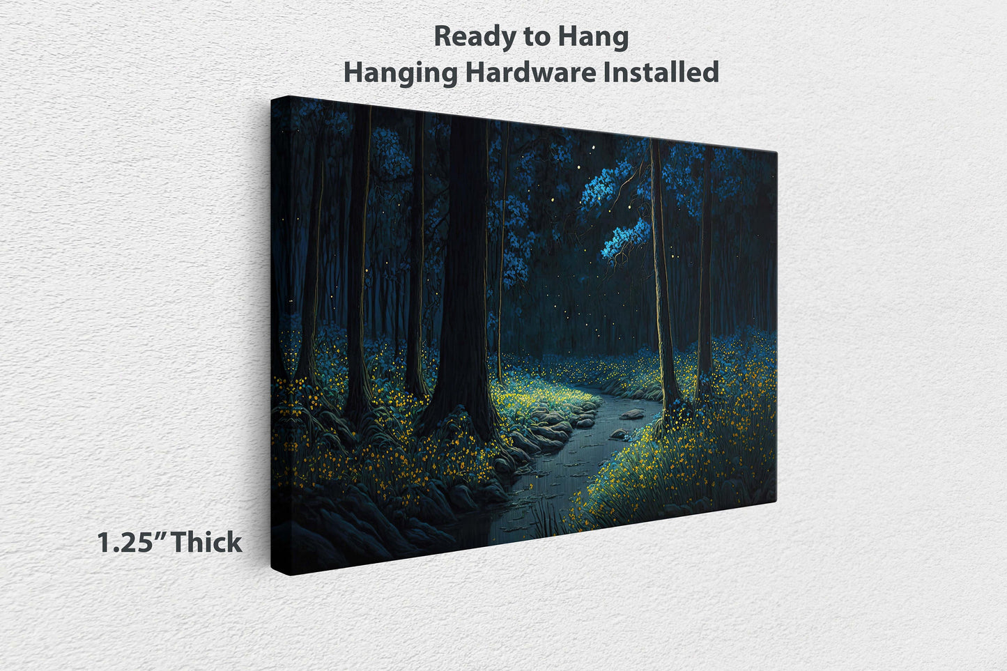 Mystical Forest at Night Fireflies Canvas Art Ready To Hang Large Print, Painting