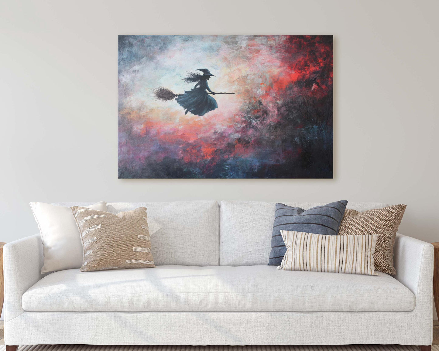Flying Witch, Witch on Broomstick, Whimsical Decor, Full Moon, Halloween Art, Cloudy, Fall Art, Colorful