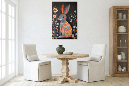 Scandinavian Rabbit, Folk Art, Celestial Art,  Framed Canvas, Dark Print, Nature Print, Whimsical