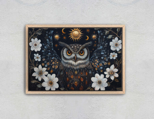 Owl Celestial, Folk Art, Celestial Art,  Framed Canvas, Nature Print, Whimsical, Cottagecore