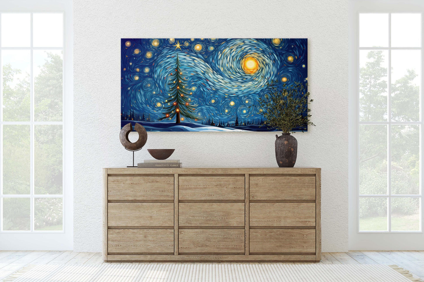 Starry Night Christmas, Christmas Tree, Pine Tree, Winter Decor, Festive Art, X-mas Print, Framed Canvas