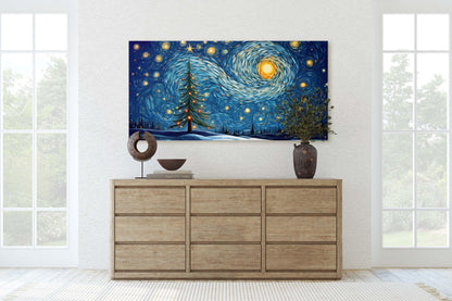 Starry Night Christmas, Christmas Tree, Pine Tree, Winter Decor, Festive Art, X-mas Print, Framed Canvas