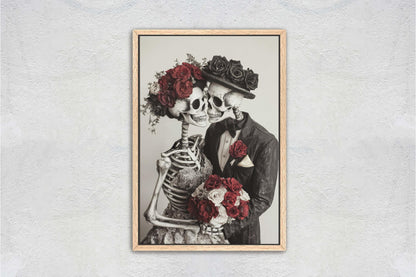 Skeleton Wedding, Bride and Groom, Halloween Decor, Gothic Art, Spooky Art, Bone Marriage
