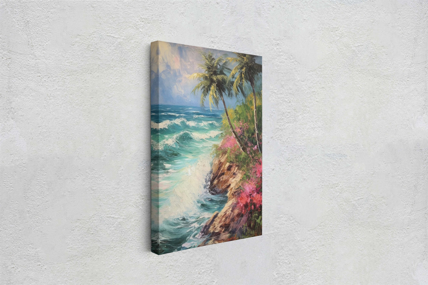 Stormy Beach on Canvas, Cliffside Waves, Flower Beach, Palm Trees, Tropical Vacation, Framed Canvas, Nature Decor, Portrait Canvas