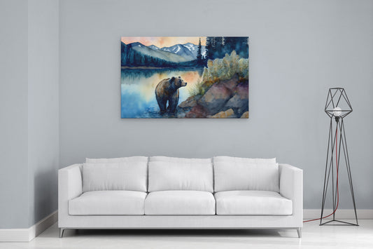 Bear in the Mountains Watercolor stretched Canvas